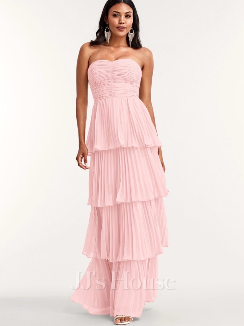 JJs House Light Pink Strapless Tiered Pleated Maxi Dress